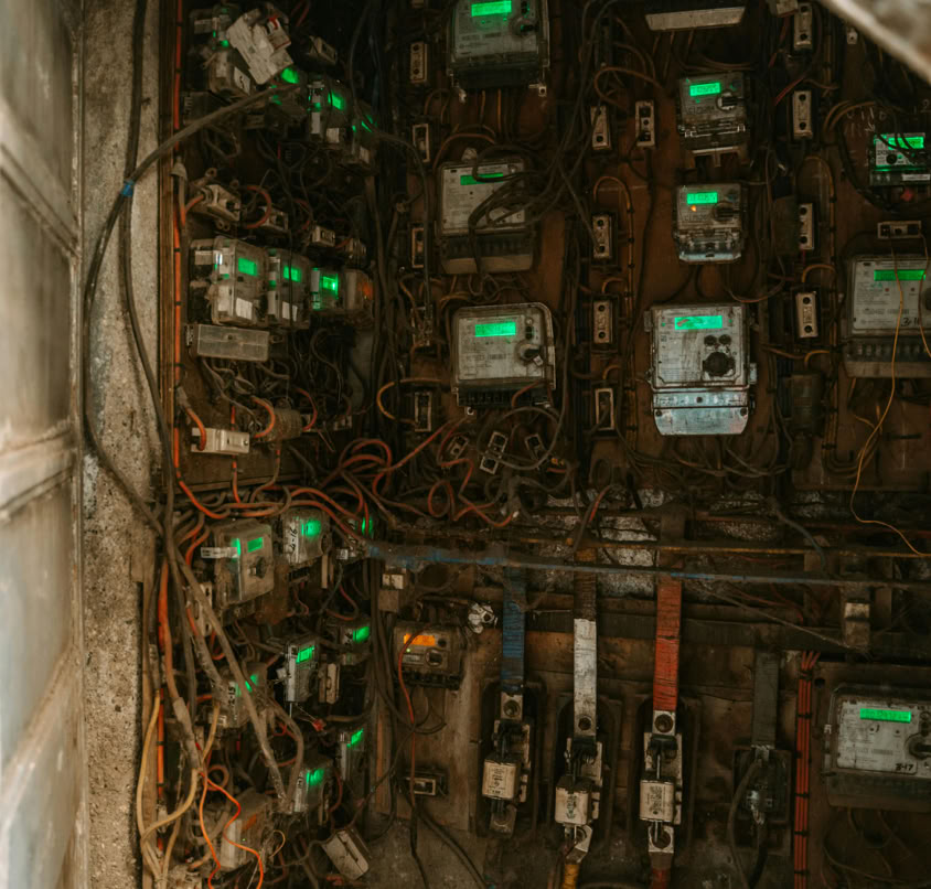 Intricate close-up of a tangled electrical panel with multiple meters and wires.